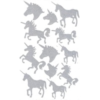 Novelty - Sheet of 12 x  Silver Glitter Unicorn Stickers