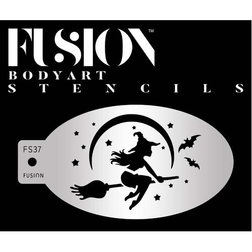 Fusion Body Art Stencil 37 - Witch on Broomstick Flying Reusable Stencil