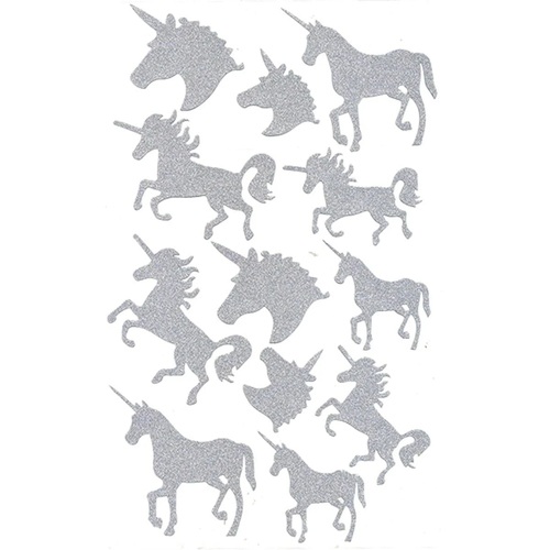 Novelty - Sheet of 12 x  Silver Glitter Unicorn Stickers